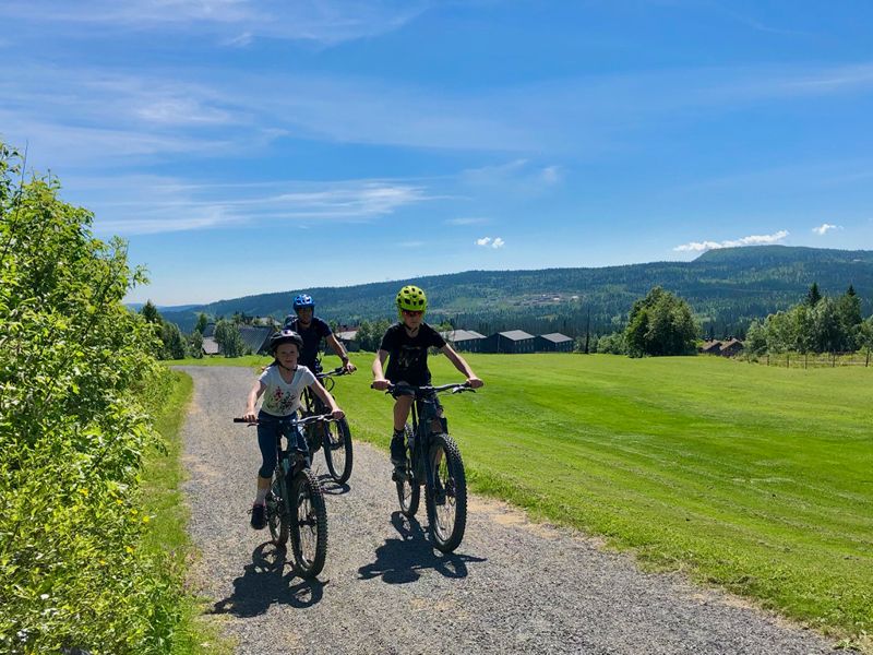 Familie på sykkeltur langs grusvei