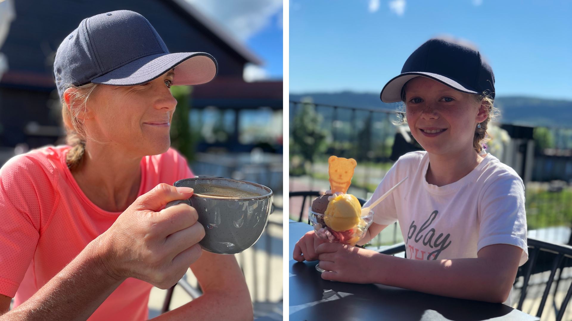 Mor drikker kaffe ute og datter spiser is