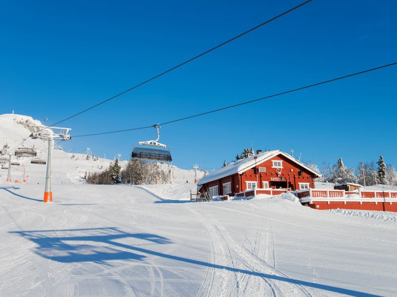 Bilde av Nystua på Skeikampen. Rødt hus midt i skibakken. Snø og blå himmel. 